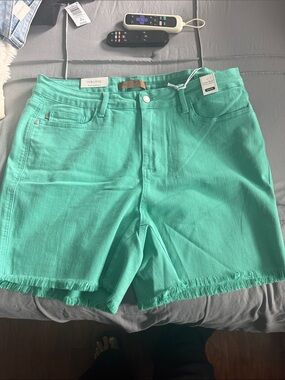 Judy Blue Teal Fringe Hem Denim Shorts